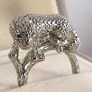 Vintage Sterling Silver Leopard Ring, Green Eyes Art Deco
